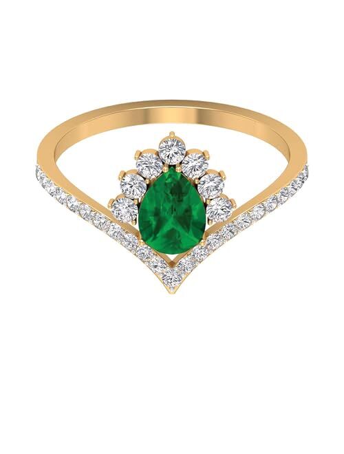 Rosec Jewels Created Emerald Designer V Shape Ring for Women, 5X7 MM, Wedding Engagement Ring for Her