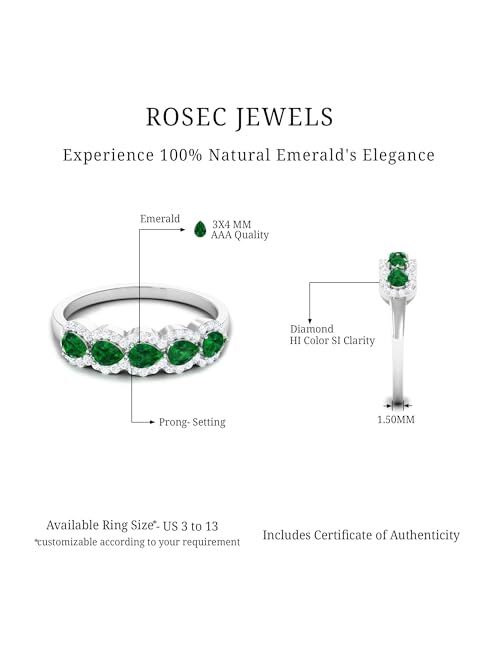 Rosec Jewels Emerald Wedding Anniversary Band Ring with Diamond | 1 Cttw | May Birthstone | AAA Quality