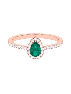 Rosec Jewels Pear Cut Emerald and Diamond Halo Engagement Ring with Side Stones | AAA Quality