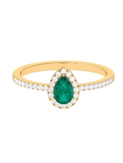 Rosec Jewels Pear Cut Emerald and Diamond Halo Engagement Ring with Side Stones | AAA Quality