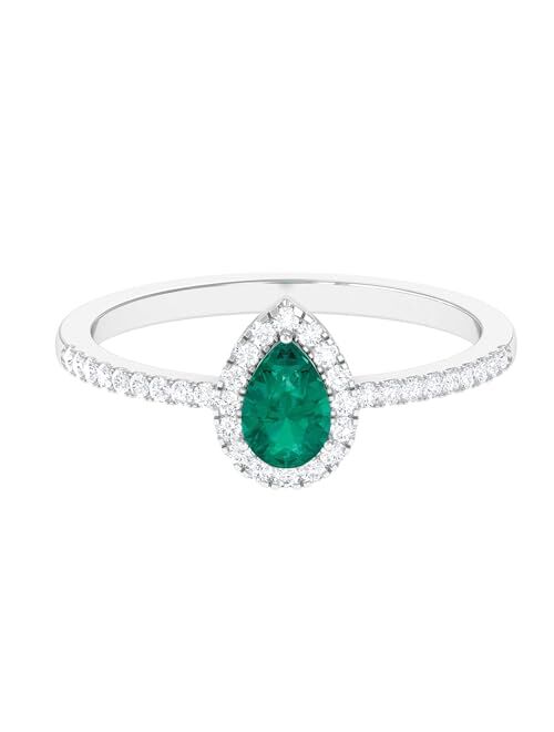 Rosec Jewels Pear Cut Emerald and Diamond Halo Engagement Ring with Side Stones | AAA Quality