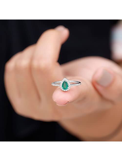 Rosec Jewels Pear Cut Emerald and Diamond Halo Engagement Ring with Side Stones | AAA Quality