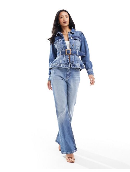 River Island Petite denim jacket with belted waist in blue