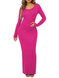 Yajedo Womens Long Sleeve Bodycon Scoop Neck Maxi Dress Casual Long Dress