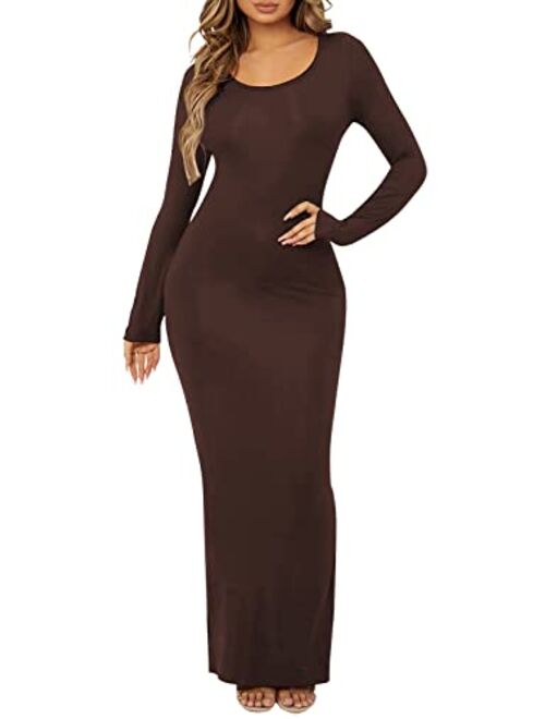 Yajedo Womens Long Sleeve Bodycon Scoop Neck Maxi Dress Casual Long Dress