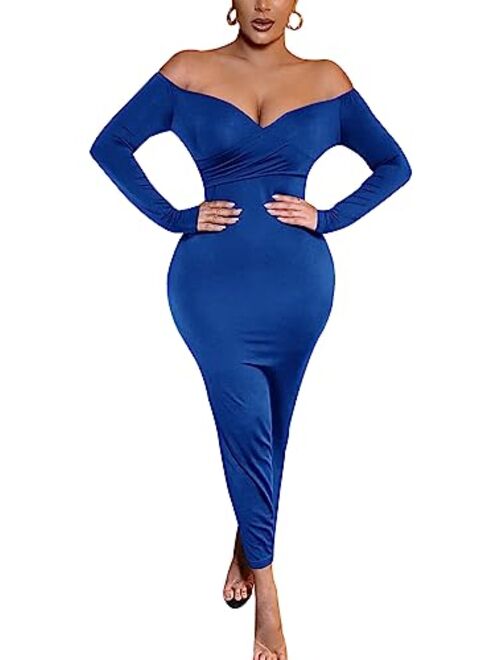 Yajedo Womens Long Sleeve Bodycon Scoop Neck Maxi Dress Casual Long Dress