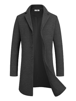 Mens Wool Blend Coat Winter Trench Coats Notched Lapel Collar Single Breasted Overcoat Classic Peacoat With Pockets