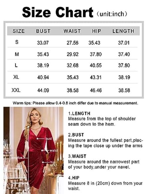 oten Women's Long Sleeve V Neck Velvet Bodycon Ruched Wedding Cocktail Party Club Faux Wrap Dress