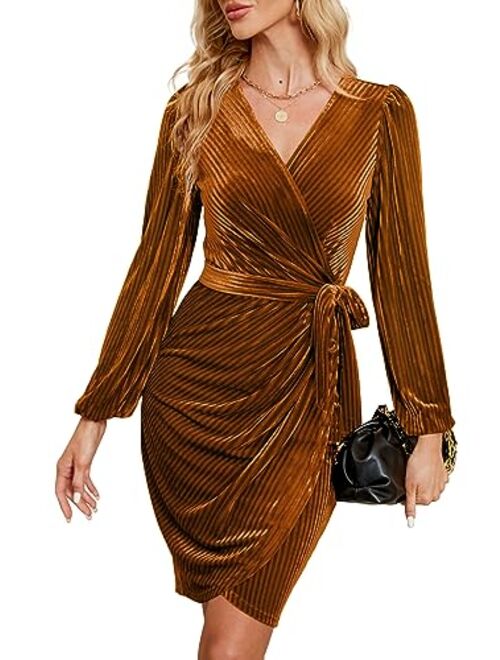 oten Women's Long Sleeve V Neck Velvet Bodycon Ruched Wedding Cocktail Party Club Faux Wrap Dress