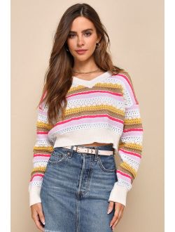 Cute Success Ivory Multi Striped Loose Knit V-Neck Sweater