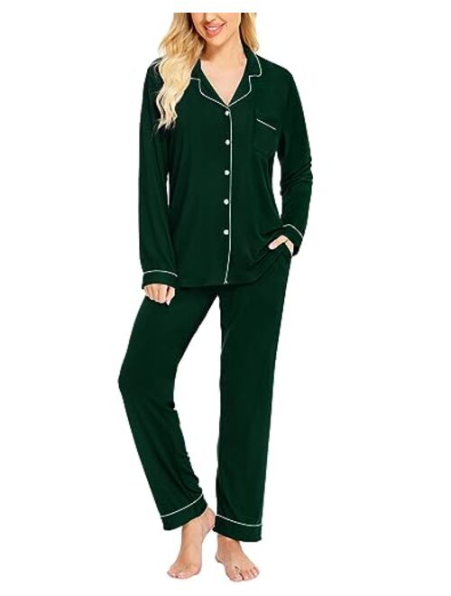 SWOMOG Womens Pajamas Set Long Sleeve Sleepwear Button Down Nightwear Soft Cotton Pj Lounge Sets