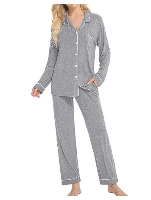 SWOMOG Womens Pajamas Set Long Sleeve Sleepwear Button Down Nightwear Soft Cotton Pj Lounge Sets