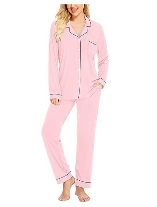 SWOMOG Womens Pajamas Set Long Sleeve Sleepwear Button Down Nightwear Soft Cotton Pj Lounge Sets