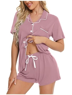 SWOMOG Womens Button Down Pajamas Set Short Sleeve Sleepwear Bride Soft Pj Lounge Sets XS-XXL