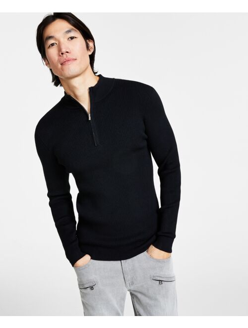 INC International Concepts Men's Regular-Fit Ribbed-Knit 1/4-Zip Mock Neck Sweater, Created for Macy's