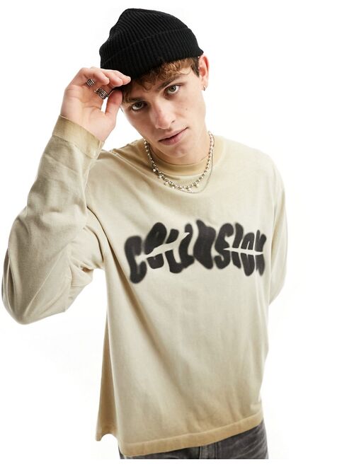 COLLUSION Washed ecru sweat with distorted logo print