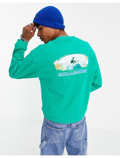 COLLUSION boxy sweatshirt with surf print in green