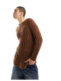 knit laddered crew neck sweater in brown