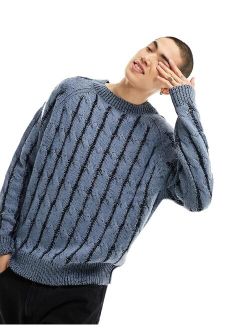 cable knit plated crew neck knitted sweater in blue