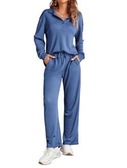 Waffle Knit Pajamas Set for Women 2 Piece Outfits Long Sleeve Button Top and Wide Leg Pant with Pockets Loungewear