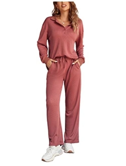 Waffle Knit Pajamas Set for Women 2 Piece Outfits Long Sleeve Button Top and Wide Leg Pant with Pockets Loungewear