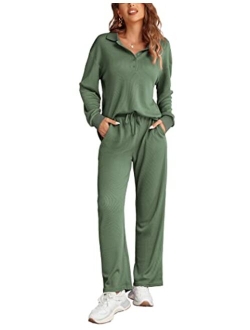 Waffle Knit Pajamas Set for Women 2 Piece Outfits Long Sleeve Button Top and Wide Leg Pant with Pockets Loungewear