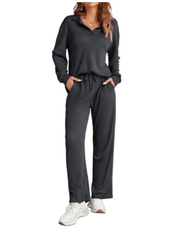 Waffle Knit Pajamas Set for Women 2 Piece Outfits Long Sleeve Button Top and Wide Leg Pant with Pockets Loungewear