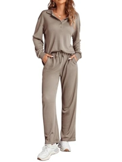 Waffle Knit Pajamas Set for Women 2 Piece Outfits Long Sleeve Button Top and Wide Leg Pant with Pockets Loungewear