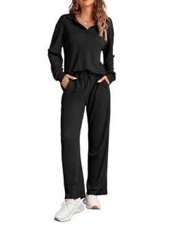 Waffle Knit Pajamas Set for Women 2 Piece Outfits Long Sleeve Button Top and Wide Leg Pant with Pockets Loungewear