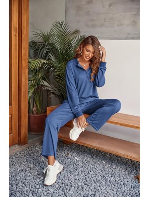 Ekouaer Waffle Knit Pajamas Set for Women 2 Piece Outfits Long Sleeve Button Top and Wide Leg Pant with Pockets Loungewear