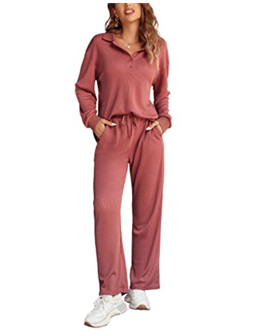 Ekouaer Waffle Knit Pajamas Set for Women 2 Piece Outfits Long Sleeve Button Top and Wide Leg Pant with Pockets Loungewear