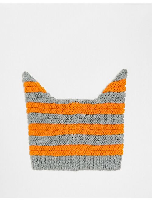 COLLUSION Unisex novelty beanie with ears in orange and gray stripe