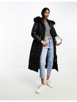 maxi belted puffer with faux fur hood in black
