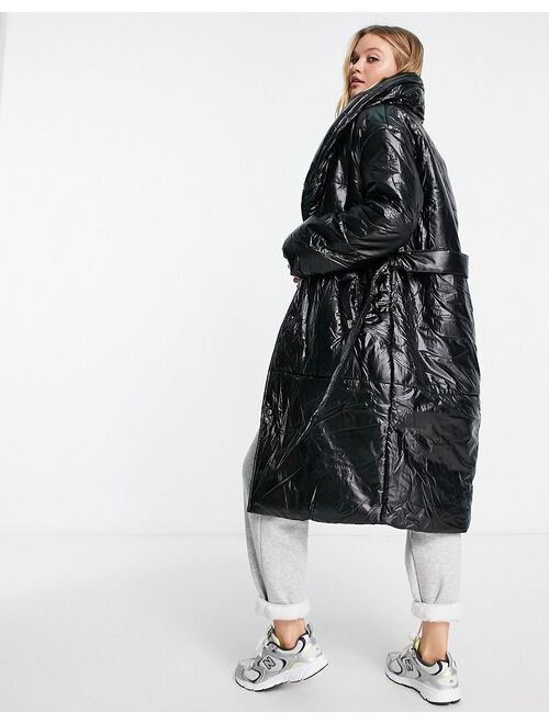 River Island crinkle robe puffer coat in black