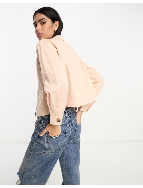 River Island crop button shacket in pale pink