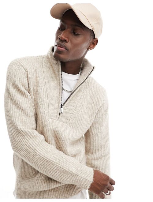 River Island ribbed chunky half zip sweater in beige