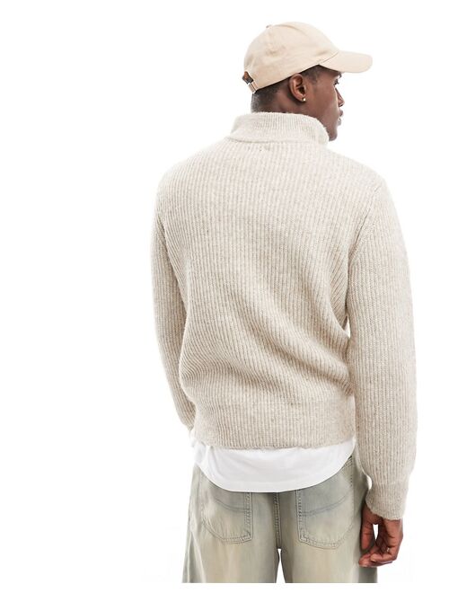 River Island ribbed chunky half zip sweater in beige