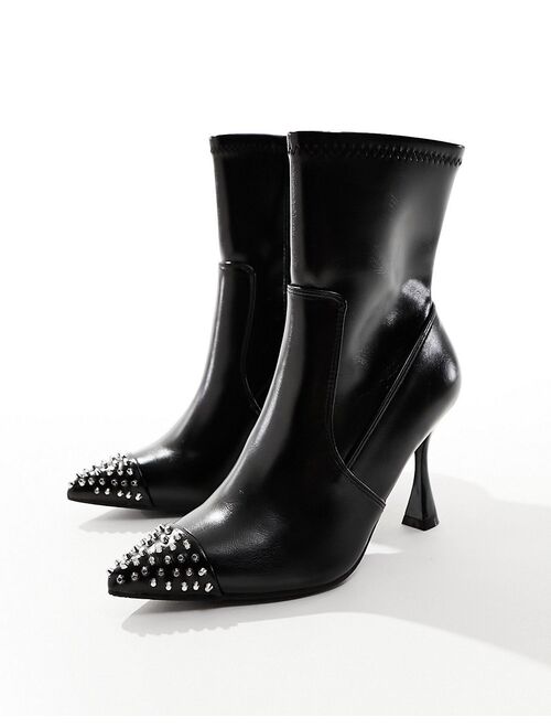 River Island heeled ankle boot with studded toe in black