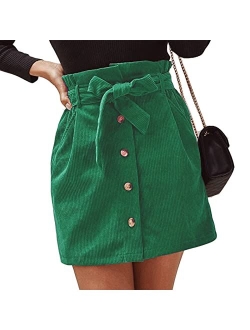 Susupeng Women Paperbag High Waist Elastic Belted Corduroy Button Front with Pockets Short Mini Skirt