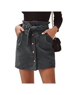 Susupeng Women Paperbag High Waist Elastic Belted Corduroy Button Front with Pockets Short Mini Skirt