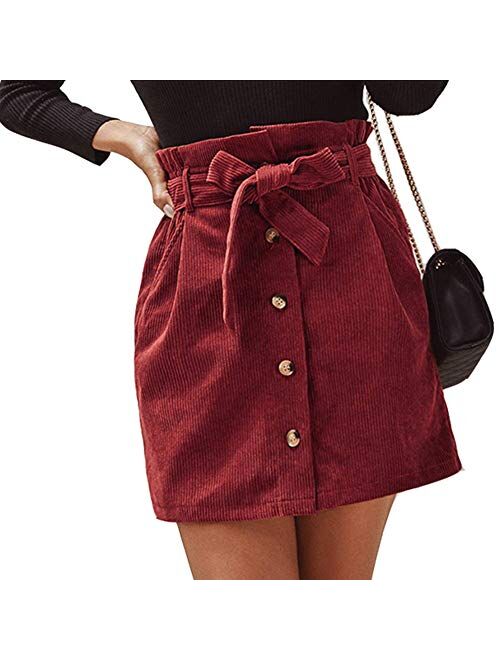 Susupeng Women Paperbag High Waist Elastic Belted Corduroy Button Front with Pockets Short Mini Skirt