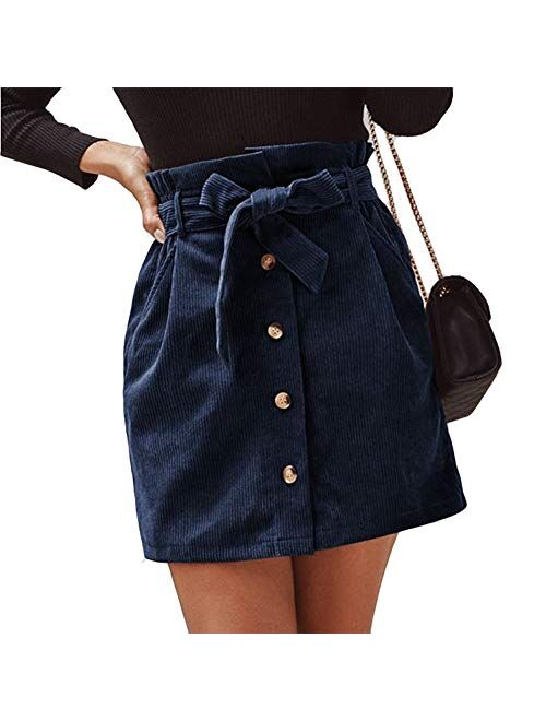 Susupeng Women Paperbag High Waist Elastic Belted Corduroy Button Front with Pockets Short Mini Skirt