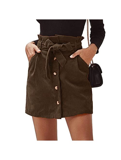 Susupeng Women Paperbag High Waist Elastic Belted Corduroy Button Front with Pockets Short Mini Skirt