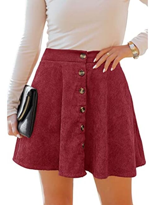 HERBATOMIA Womens Button Front Mini Skirt A-line Pleated Corduroy Skater Skirts for Women with Pocket