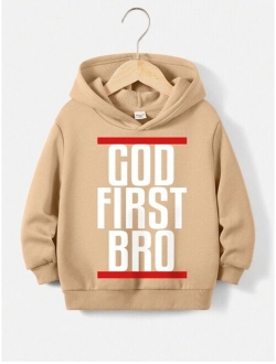 Shein Young Boy Hooded Sweatshirt With Round Neck, Long Sleeves, Slogan Print, And Thermal Lining