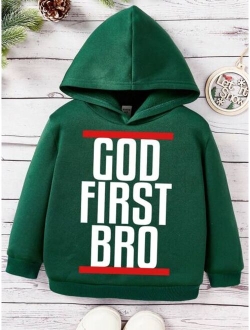 Shein Young Boy Hooded Sweatshirt With Round Neck, Long Sleeves, Slogan Print, And Thermal Lining