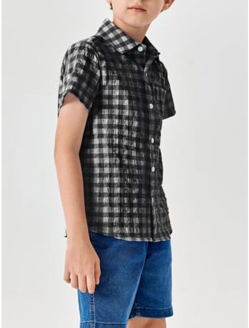 Haloumoning Boys' Casual Plaid Short Sleeve Button Down Shirts Kids Cotton Top with Chest Pocket 5-14Y