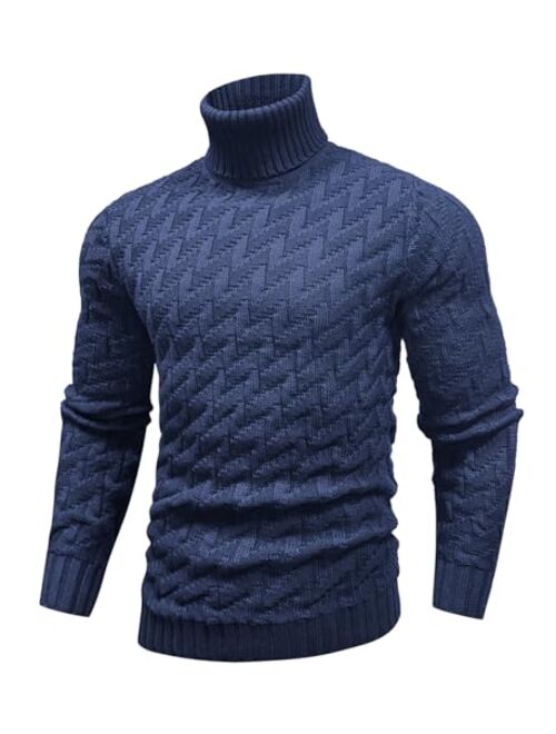 SAVKOOV Men's Slim Fit Turtleneck Sweater Cable Knitted Pullover Sweaters