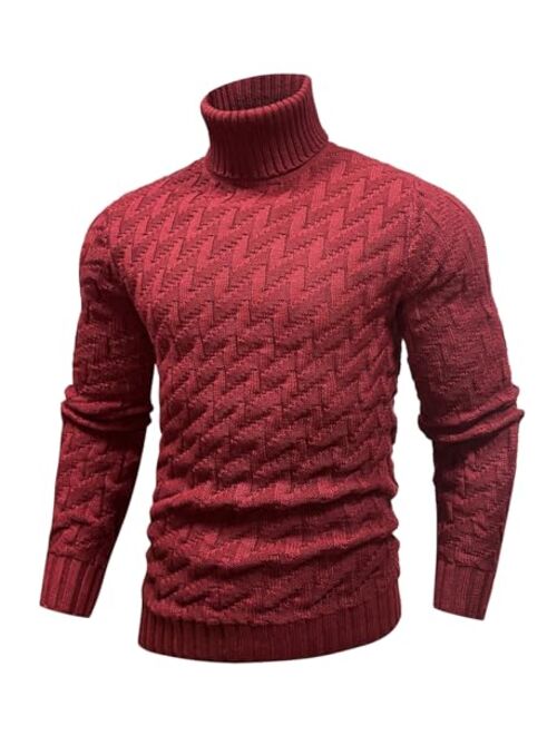 SAVKOOV Men's Slim Fit Turtleneck Sweater Cable Knitted Pullover Sweaters