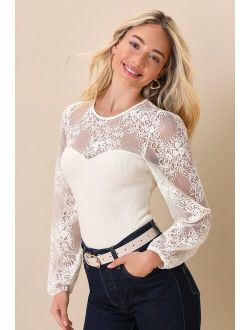 Sweetest Charisma Ivory Lace Ribbed Knit Long Sleeve Top